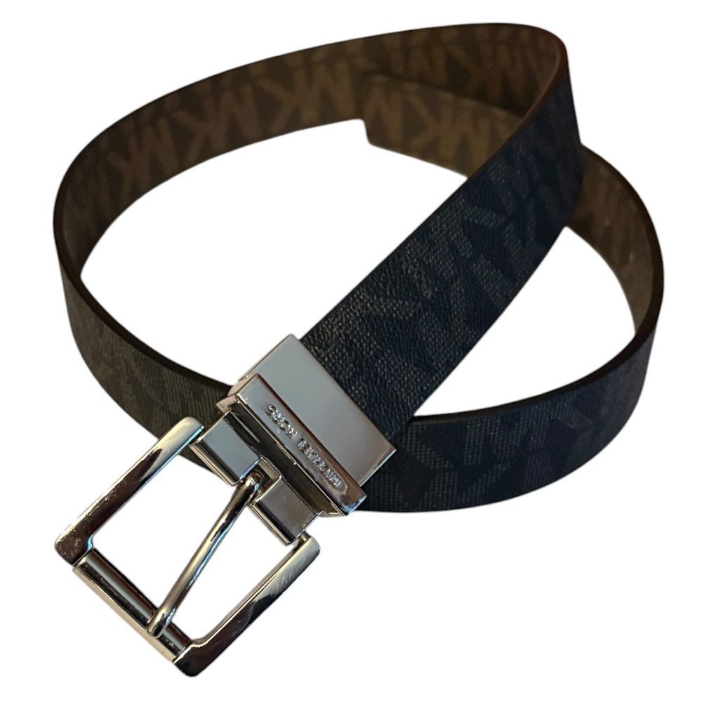 NEW Michael Kors Black Belt Silver Buckle Brown Belt MK Signature Logo